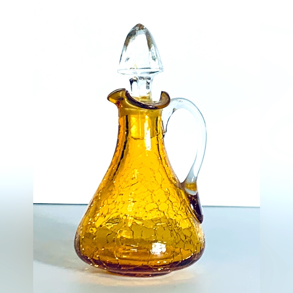 Vintage Amber Handblown Crackle Glass Pitcher with Stopper